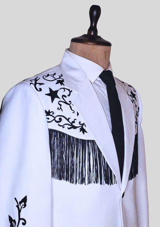 Men's White Western Cowboy 2 Piece Floral Embroidered Fringed Groom Attire Rodeo Outfit