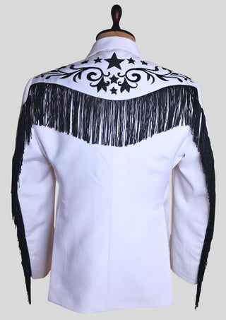 Men's White Western Cowboy 2 Piece Floral Embroidered Fringed Groom Attire Rodeo Outfit