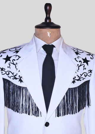 Men's White Western Cowboy 2 Piece Floral Embroidered Fringed Groom Attire Rodeo Outfit