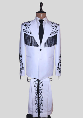 Men's White Western Cowboy 2 Piece Floral Embroidered Fringed Groom Attire Rodeo Outfit