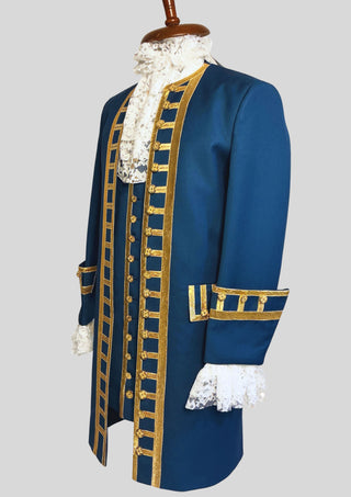 Men Blue Rococo Costume: 18th Century Velvet Suit with Gold Trim Carnival Cosplay Costume
