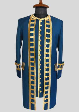 Men Blue Rococo Costume: 18th Century Velvet Suit with Gold Trim Carnival Cosplay Costume