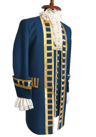 Men Blue Rococo Costume: 18th Century Velvet Suit with Gold Trim Carnival Cosplay Costume