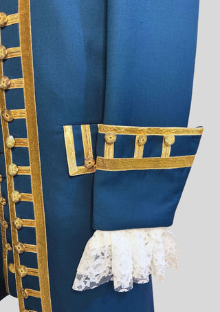 Men Blue Rococo Costume: 18th Century Velvet Suit with Gold Trim Carnival Cosplay Costume