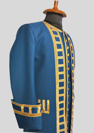 Men Blue Rococo Costume: 18th Century Velvet Suit with Gold Trim Carnival Cosplay Costume