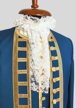 Men Blue Rococo Costume: 18th Century Velvet Suit with Gold Trim Carnival Cosplay Costume