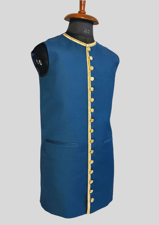Men Blue Rococo Costume: 18th Century Velvet Suit with Gold Trim Carnival Cosplay Costume