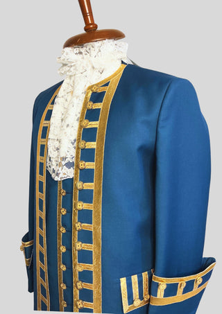 Men Blue Rococo Costume: 18th Century Velvet Suit with Gold Trim Carnival Cosplay Costume