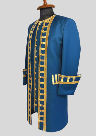 Men Blue Rococo Costume: 18th Century Velvet Suit with Gold Trim Carnival Cosplay Costume