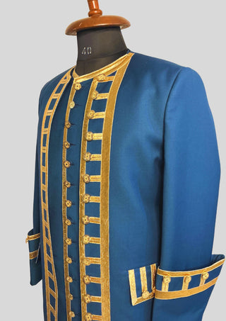 Men Blue Rococo Costume: 18th Century Velvet Suit with Gold Trim Carnival Cosplay Costume