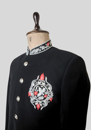 Men’s Black Bandhgala Embroidered Jacket with Silver Buttons Cocktail Wedding Attire