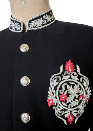 Men’s Black Bandhgala Embroidered Jacket with Silver Buttons Cocktail Wedding Attire