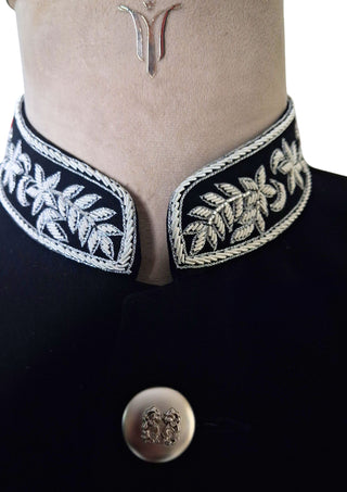 Men’s Black Bandhgala Embroidered Jacket with Silver Buttons Cocktail Wedding Attire