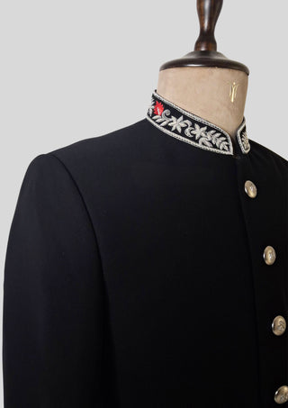 Men’s Black Bandhgala Embroidered Jacket with Silver Buttons Cocktail Wedding Attire