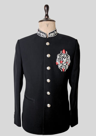 Men’s Black Bandhgala Embroidered Jacket with Silver Buttons Cocktail Wedding Attire