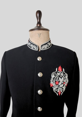 Men’s Black Bandhgala Embroidered Jacket with Silver Buttons Cocktail Wedding Attire