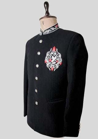 Men’s Black Bandhgala Embroidered Jacket with Silver Buttons Cocktail Wedding Attire
