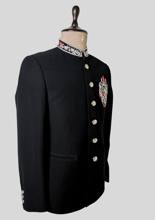 Men’s Black Bandhgala Embroidered Jacket with Silver Buttons Cocktail Wedding Attire