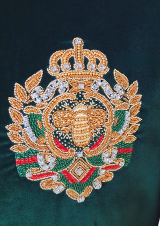 Men’s Emerald Green Velvet Indo Western Blazer – Hand Embroidered Royal Crest Jacket