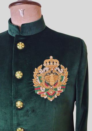 Men’s Emerald Green Velvet Indo Western Blazer – Hand Embroidered Royal Crest Jacket