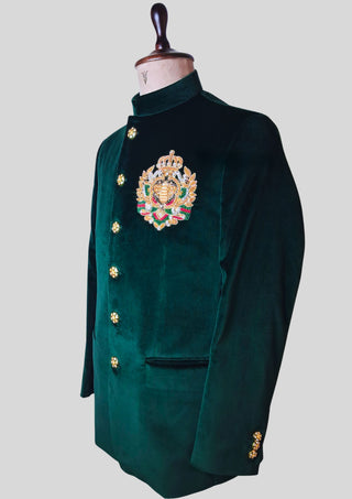 Men’s Emerald Green Velvet Indo Western Blazer – Hand Embroidered Royal Crest Jacket