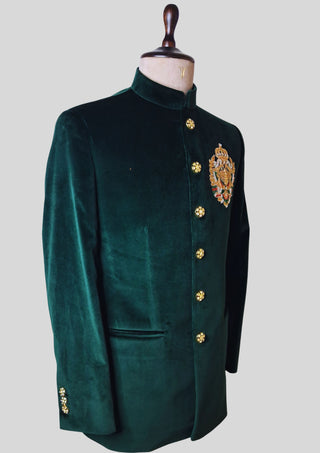 Men’s Emerald Green Velvet Indo Western Blazer – Hand Embroidered Royal Crest Jacket