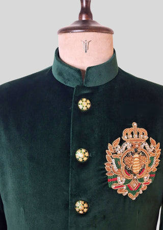 Men’s Emerald Green Velvet Indo Western Blazer – Hand Embroidered Royal Crest Jacket