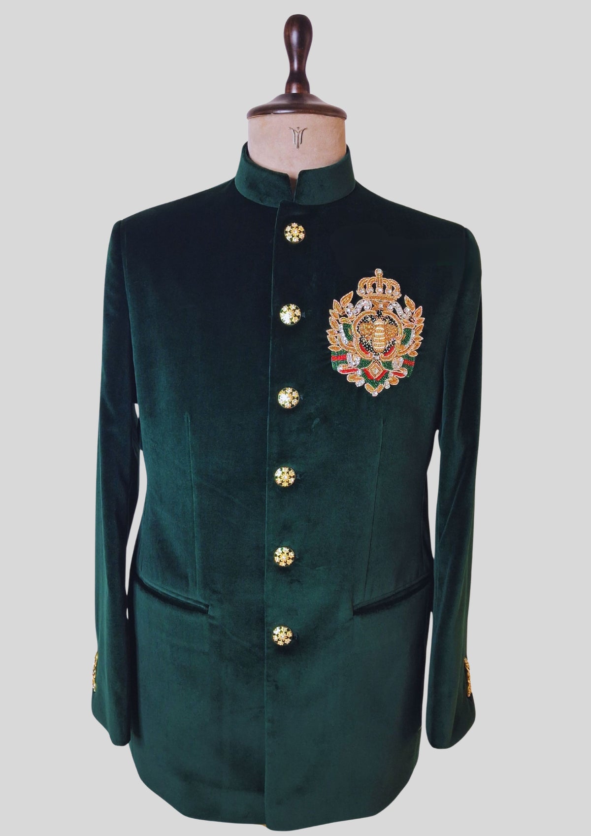 Men’s Emerald Green Velvet Indo Western Blazer – Hand Embroidered Royal Crest Jacket