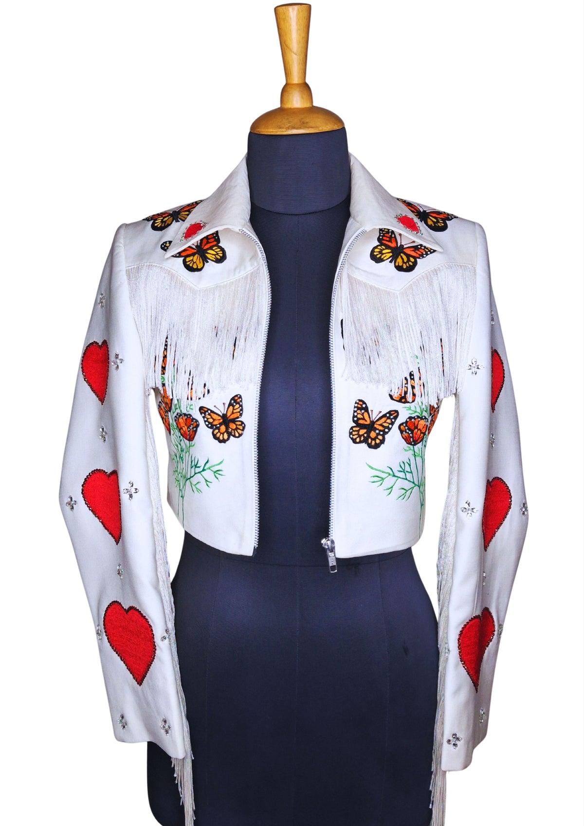 Women’s White Cowgirl Embroidered Fringe Jacket – Butterfly & Heart Design Western Wedding Party Outfit