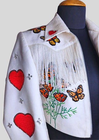 Women’s White Cowgirl Embroidered Fringe Jacket – Butterfly & Heart Design Western Wedding Party Outfit