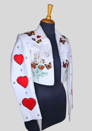 Women’s White Cowgirl Embroidered Fringe Jacket – Butterfly & Heart Design Western Wedding Party Outfit