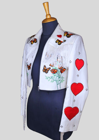 Women’s White Cowgirl Embroidered Fringe Jacket – Butterfly & Heart Design Western Wedding Party Outfit