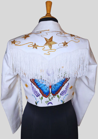 Women’s White Cowgirl Embroidered Fringe Jacket – Butterfly & Heart Design Western Wedding Party Outfit