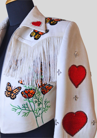 Women’s White Cowgirl Embroidered Fringe Jacket – Butterfly & Heart Design Western Wedding Party Outfit