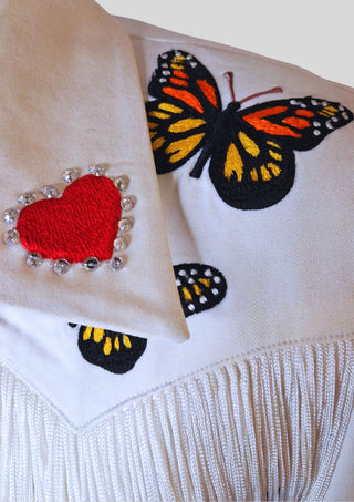 Women’s White Cowgirl Embroidered Fringe Jacket – Butterfly & Heart Design Western Wedding Party Outfit
