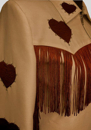 Women Beige Country Western Embroidered Fringe Skirt Suit with Heart Motif – Cowgirl Wedding & Party Outfit