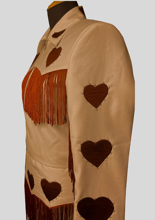 Women Beige Country Western Embroidered Fringe Skirt Suit with Heart Motif – Cowgirl Wedding & Party Outfit