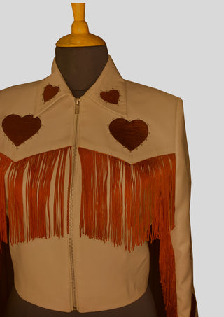 Women Beige Country Western Embroidered Fringe Skirt Suit with Heart Motif – Cowgirl Wedding & Party Outfit