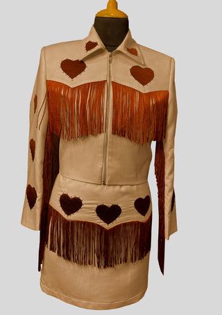 Women Beige Country Western Embroidered Fringe Skirt Suit with Heart Motif – Cowgirl Wedding & Party Outfit