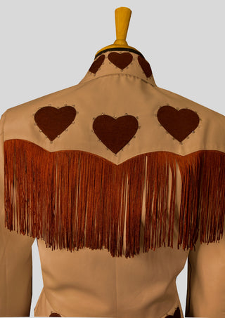 Women Beige Country Western Embroidered Fringe Skirt Suit with Heart Motif – Cowgirl Wedding & Party Outfit