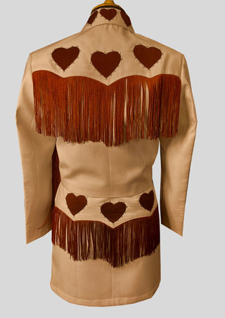 Women Beige Country Western Embroidered Fringe Skirt Suit with Heart Motif – Cowgirl Wedding & Party Outfit