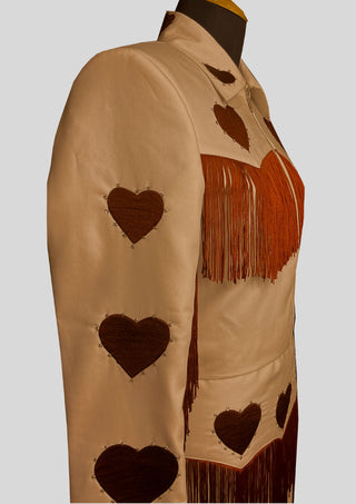 Women Beige Country Western Embroidered Fringe Skirt Suit with Heart Motif – Cowgirl Wedding & Party Outfit