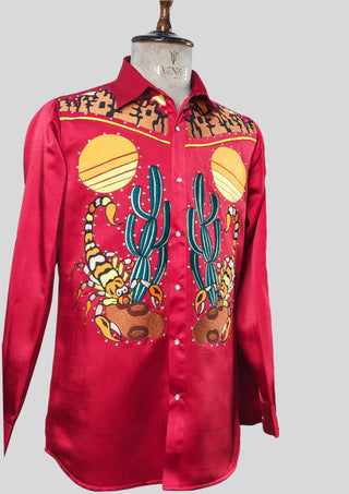 Men’s Red Satin Country Western Embroidered Shirt with  Rhinstone Detail Cowboy Statement Shirt Party Outfit