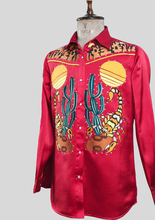 Men’s Red Satin Country Western Embroidered Shirt with  Rhinstone Detail Cowboy Statement Shirt Party Outfit