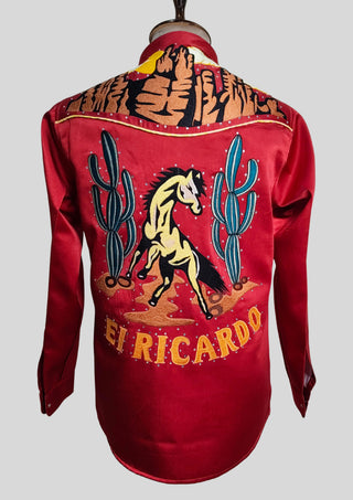 Men’s Red Satin Country Western Embroidered Shirt with  Rhinstone Detail Cowboy Statement Shirt Party Outfit