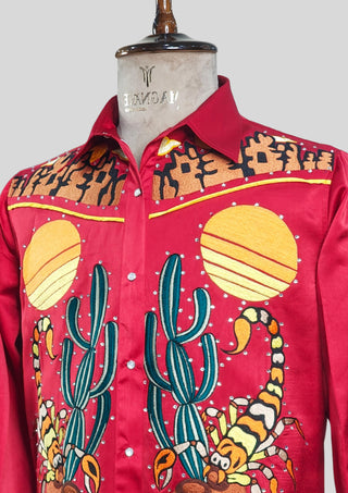 Men’s Red Satin Country Western Embroidered Shirt with  Rhinstone Detail Cowboy Statement Shirt Party Outfit