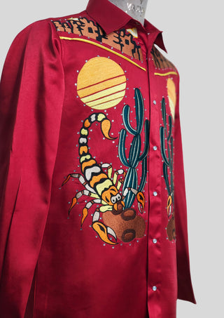 Men’s Red Satin Country Western Embroidered Shirt with  Rhinstone Detail Cowboy Statement Shirt Party Outfit