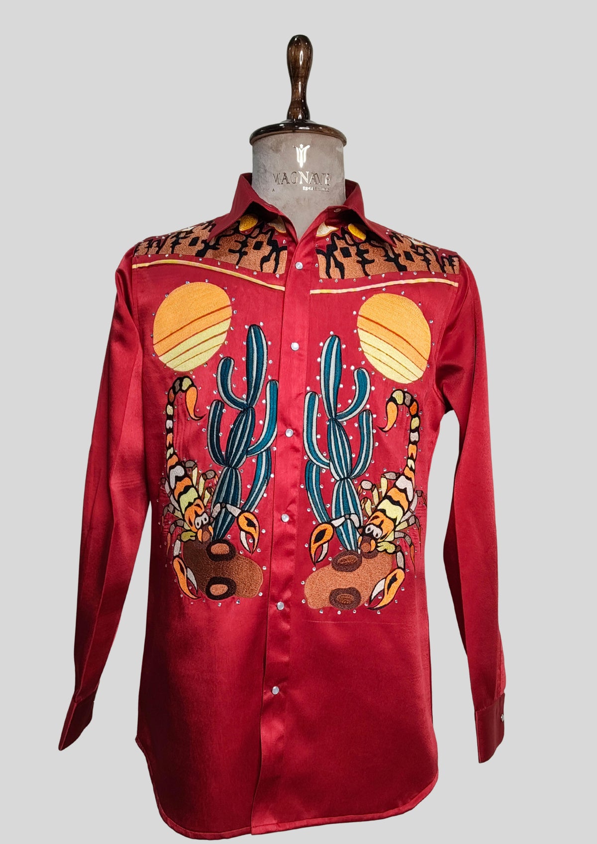 Men’s Red Satin Country Western Embroidered Shirt with  Rhinstone Detail Cowboy Statement Shirt Party Outfit