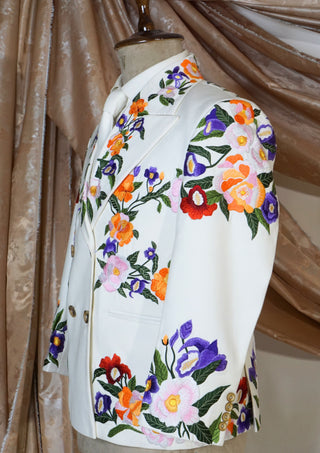 Floral Embroidered Blazer - White Double Breasted Suit Jacket