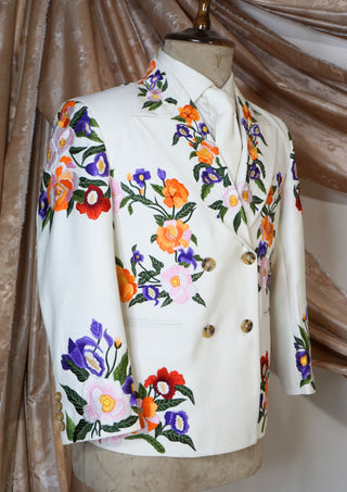 Floral Embroidered Blazer - White Double Breasted Suit Jacket